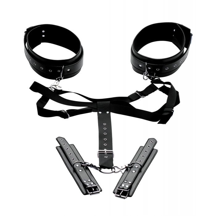 XR Brands - Master Series Acquire Thigh Harness with Wrist Cuffs (Black) - Black