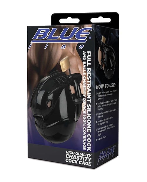 Blue Line - Full Restraint Silicone Cock and Balls Chastity Device (Black) BL1018 CherryAffairs