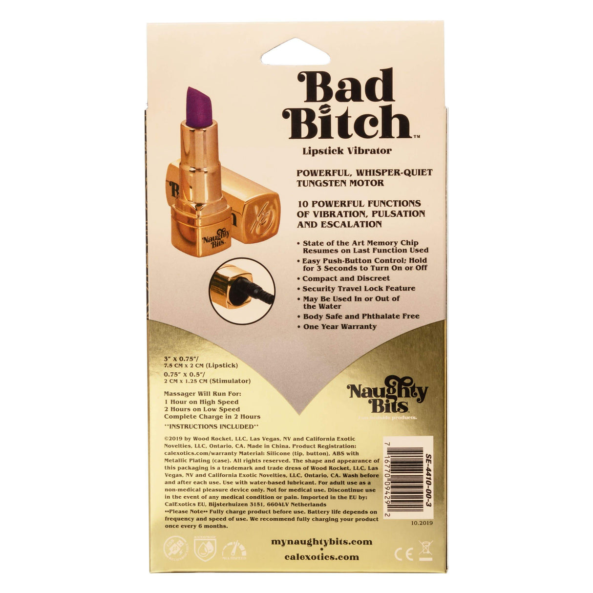 California Exotics - Naughty Bits Bad Bitch Discreet Lipstick Vibrator (Gold) CE1757 CherryAffairs