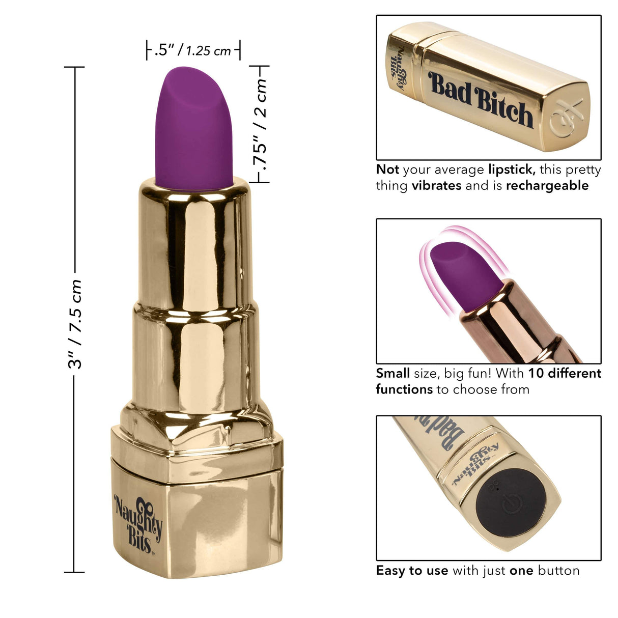 California Exotics - Naughty Bits Bad Bitch Discreet Lipstick Vibrator (Gold) CE1757 CherryAffairs