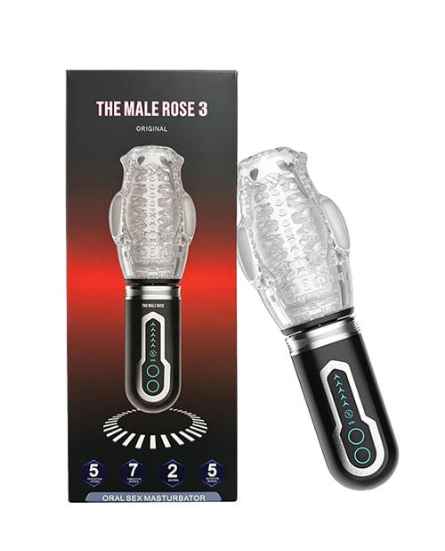 The Male Rose - 3 Thrusting, Rotating & Vibrating Oral Masturbator (Black) - Black