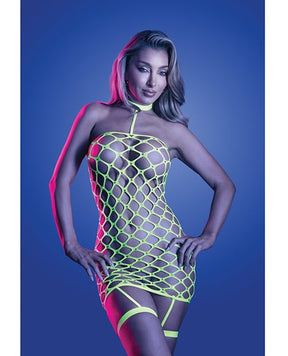 Fantasy Lingerie - Warning Sign Rhinestone Fishnet Garter Dress (Green) - Green / One Size