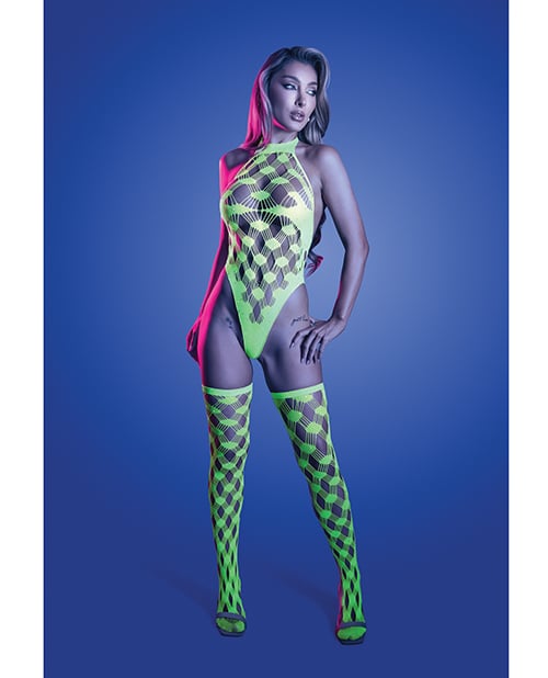 Fantasy Lingerie - Adrenaline Rhinestone Fishnet Teddy Set (Neon Green) - Green / One Size