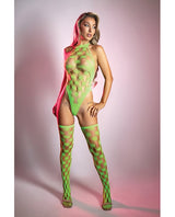 Fantasy Lingerie - Adrenaline Rhinestone Fishnet Teddy Set (Neon Green) - Green / One Size