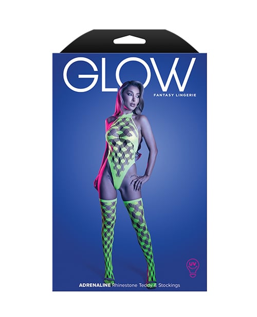 Fantasy Lingerie - Adrenaline Rhinestone Fishnet Teddy Set (Neon Green) - Green / One Size