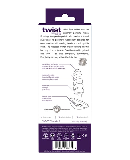 VeDO - Twist Rechargeable Vibrating Anal Plug (Purple) - Purple