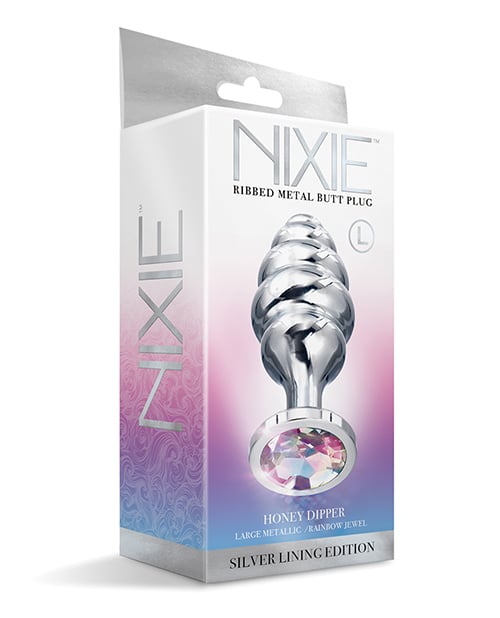 Nixie - Honey Dipper Ribbed Metal Jeweled Anal Plug (Rainbow) - Multi Colour / Large