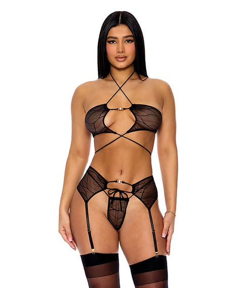Forplay - Pull My Strings Mesh Bra, Garter & Panty Lingerie Set (Black) - Black