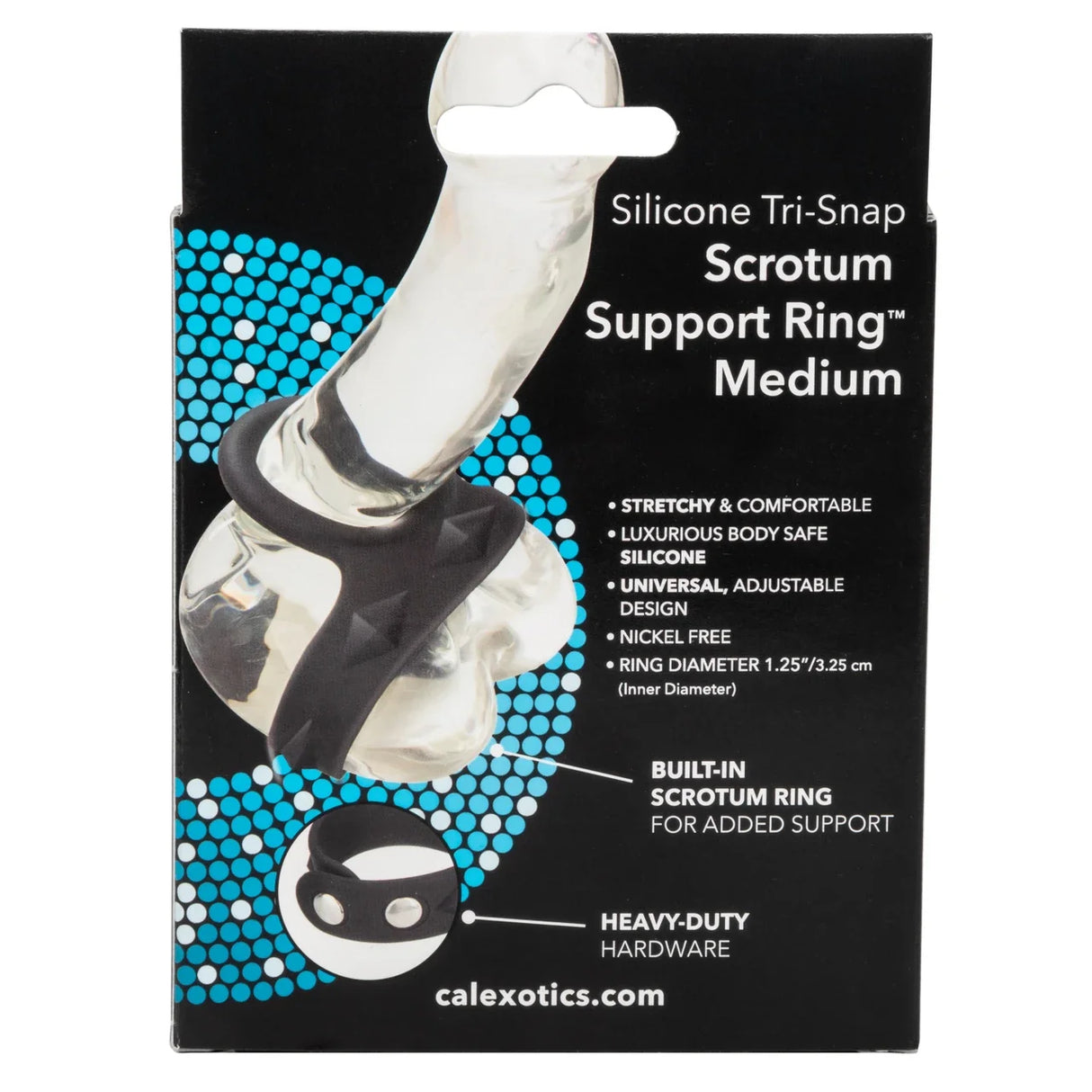 CalExotics - Silicone Tri-Snap Scrotum Support Cock Ring (Black) – product view 4