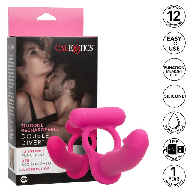 California Exotics - Silicone Rechargeable Double Diver Couple Cock Ring with Dildo (Pink) CE1997 CherryAffairs