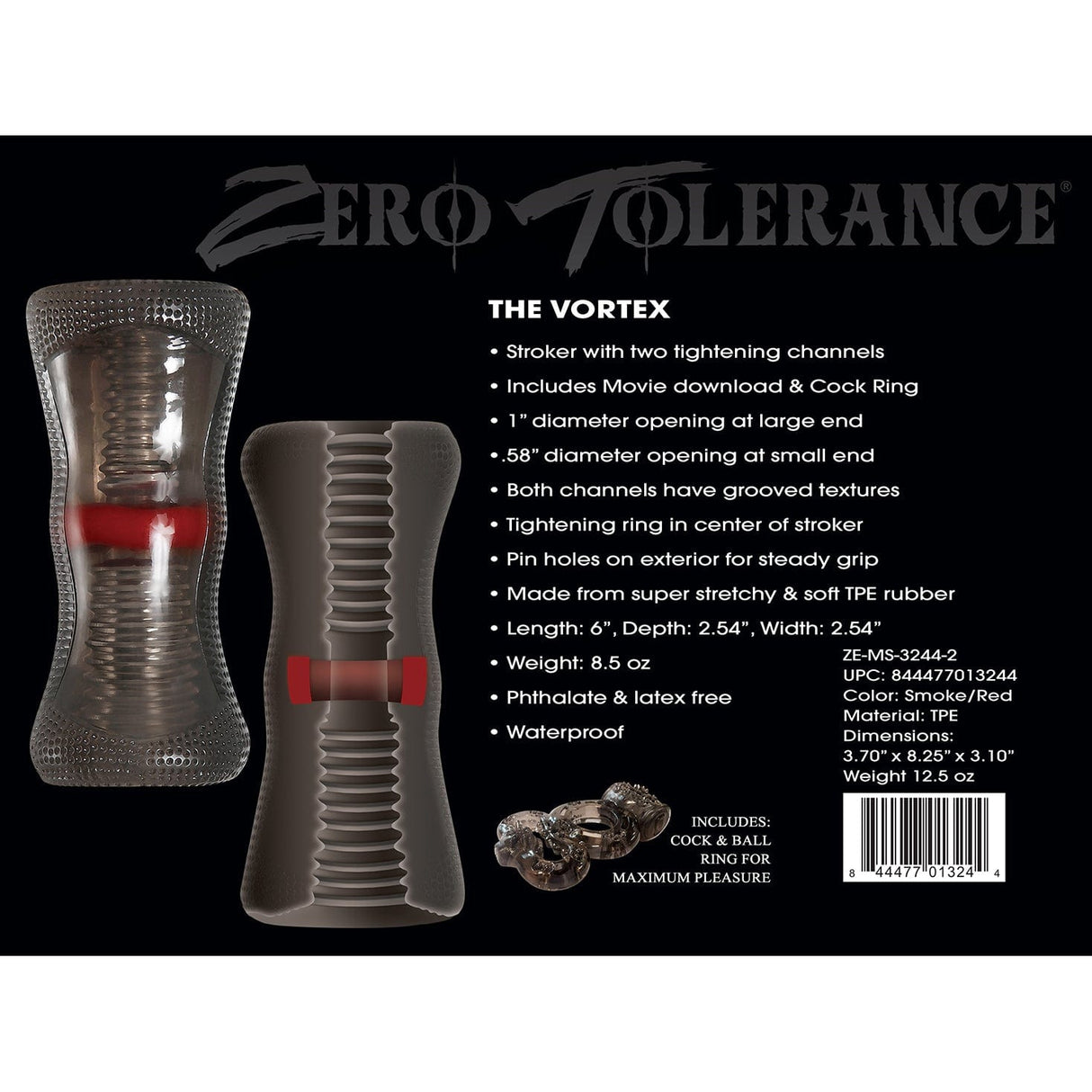 Zero Tolerance - The Vortex Soft Stroker with Vibrating Cock Ring (Black) ZR1040 CherryAffairs