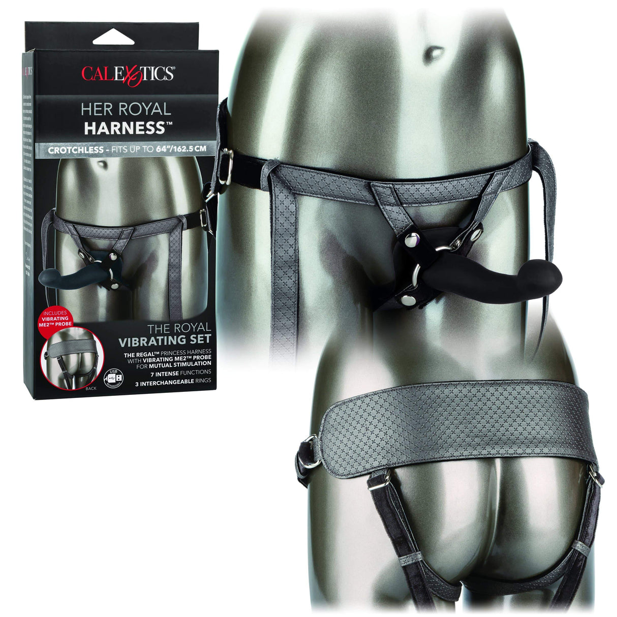 California Exotics - Her Royal Harness Crotchless Strap On The Royal Vibrating Set (Black) CE1761 CherryAffairs