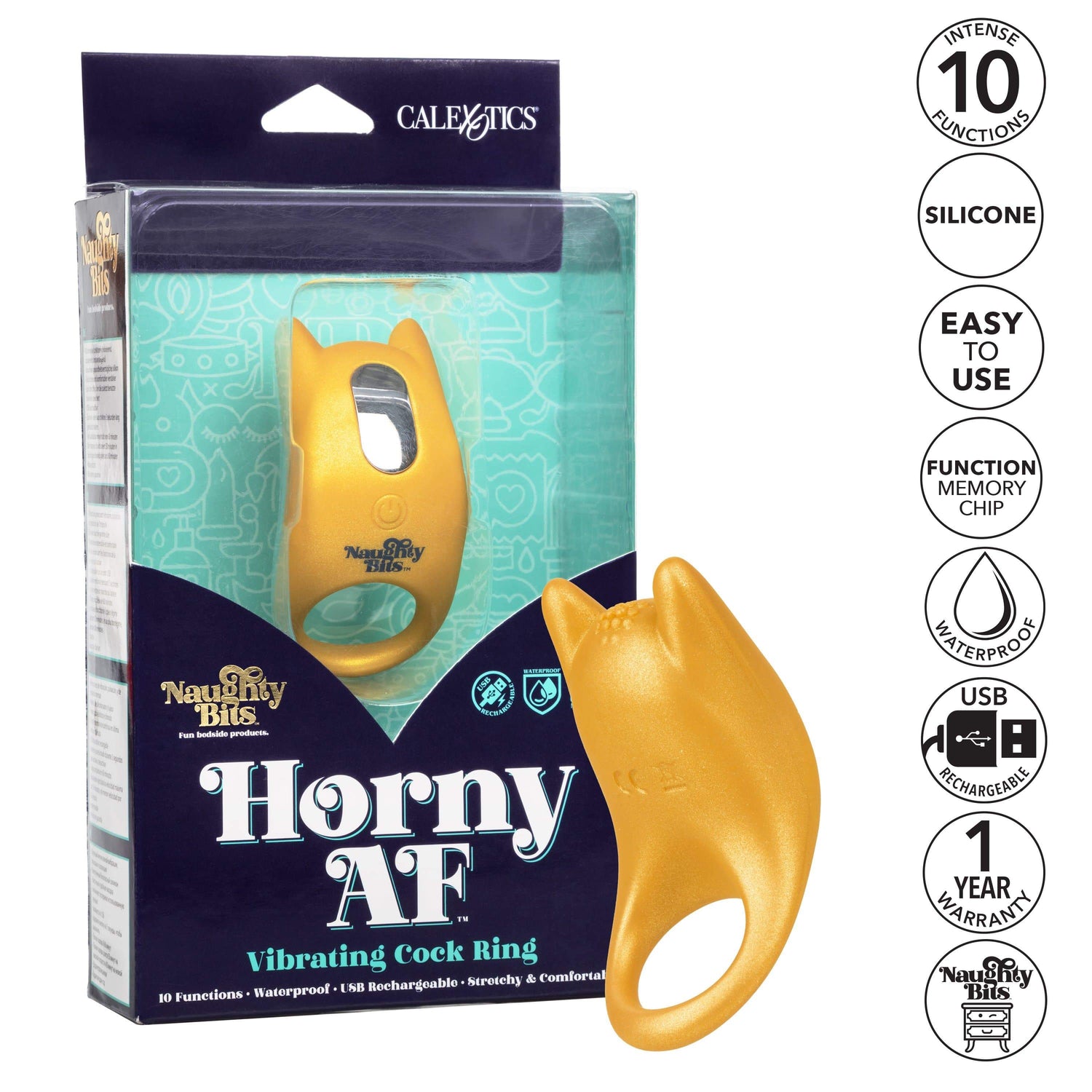 California Exotics - Naughty Bits Horny AF Vibrating Cock Ring (Yellow) CE1836 CherryAffairs