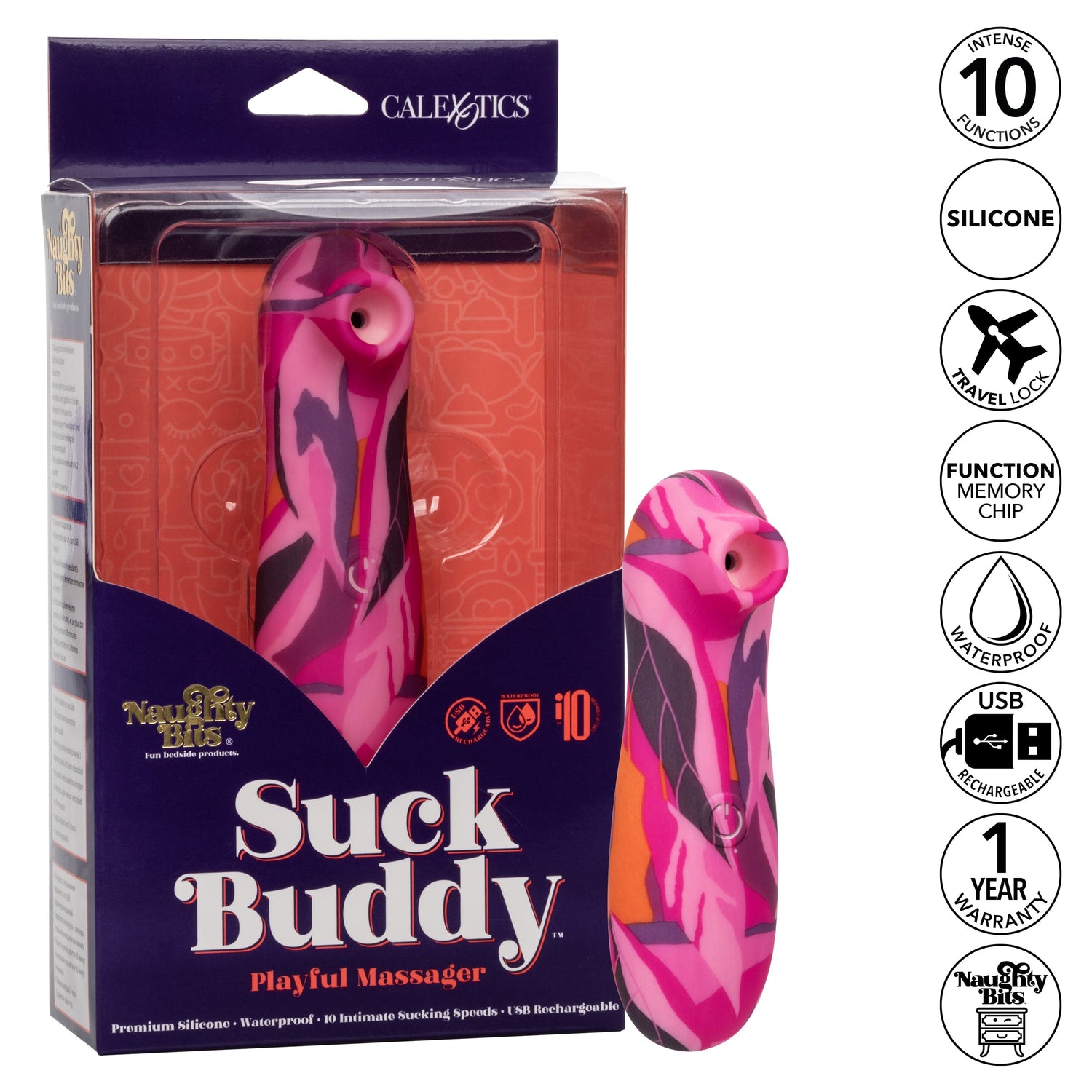 California Exotics - Naughty Bits Suck Buddy Playful Massager Clitoral Air Stimulator (Multi Colour) CE1982 CherryAffairs