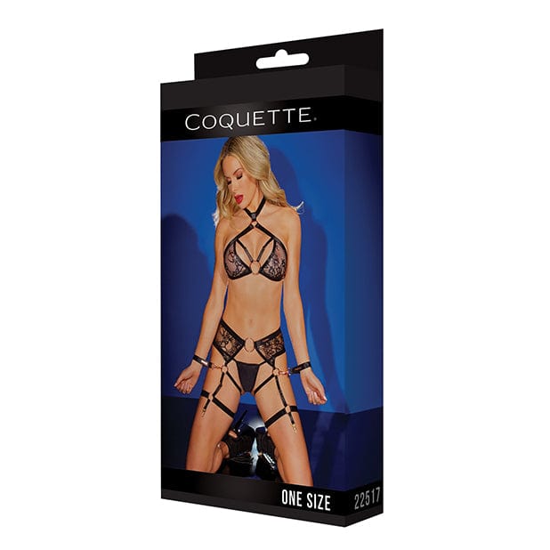 Coquette - Label Strappy Detail Halter Top with Crotchless Panty Garters and Restraints Costume O/S (Black) CQ1032 CherryAffairs