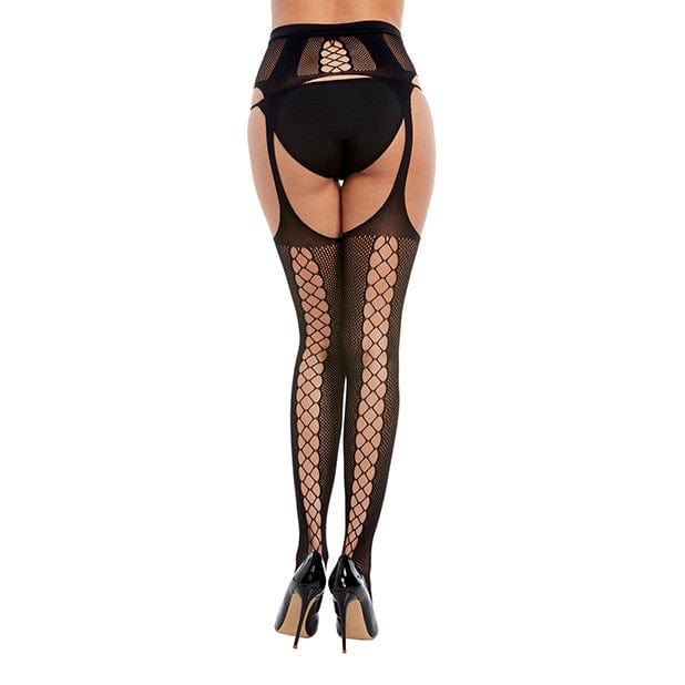 Dreamgirl - Fishnet Suspender Garter Pantyhose with Criss Cross Detail Stockings Costume O/S (Black)    Stockings