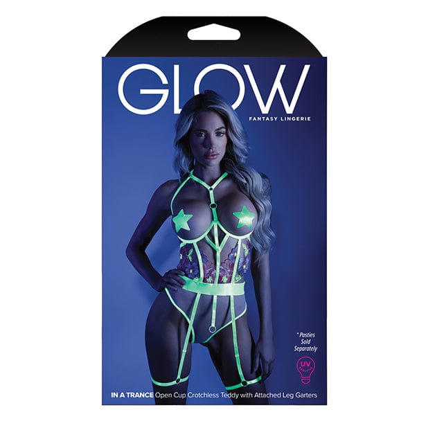 Fantasy Lingerie - Glow Light In A Trance Embroidered Open Cup Crotchless Teddy with Leg Garters FTL1021 CherryAffairs