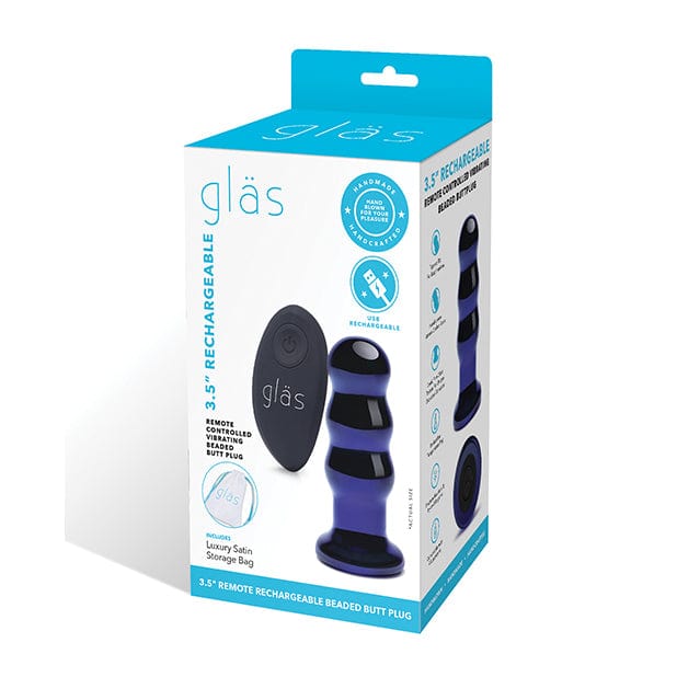 Glas - Remote Control Rechargeable Vibrating Glass Beaded Butt Plug 3.5" (Blue)    Glass Anal Plug (Vibration) Rechargeable