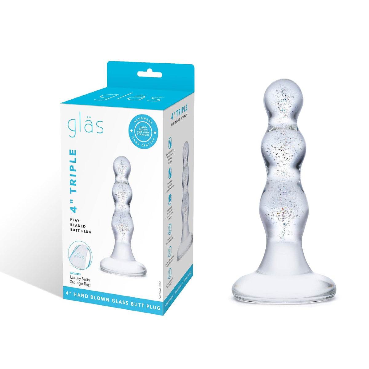 Glas - Triple Play Beaded Butt Plug 4&quot; (Clear)    Glass Anal Plug (Non Vibration)