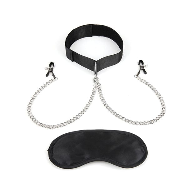 Lux Fetish - Collar and Nipple Clamps with Adjustable Pressure Clam (Black)    Nipple Clamps (Non Vibration)