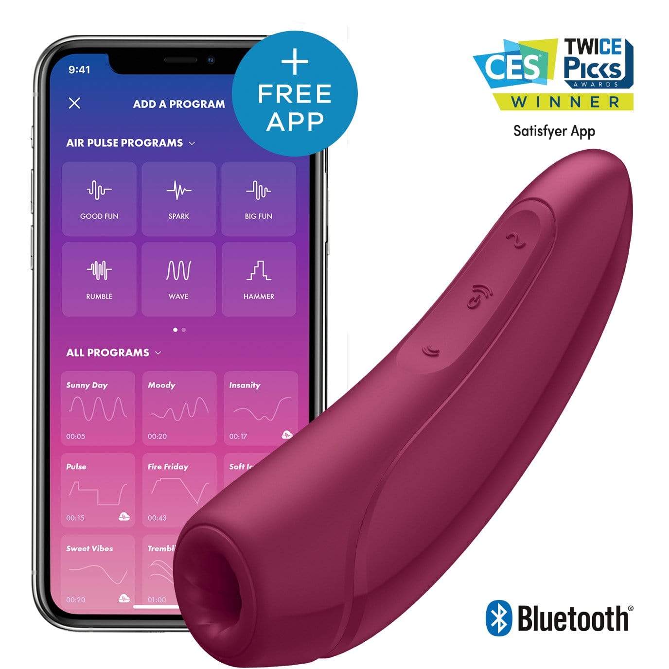Satisfyer - Curvy 1+ App-Controlled Clitoral Air Stimulator Vibrator (Rose Red) STF1126 CherryAffairs